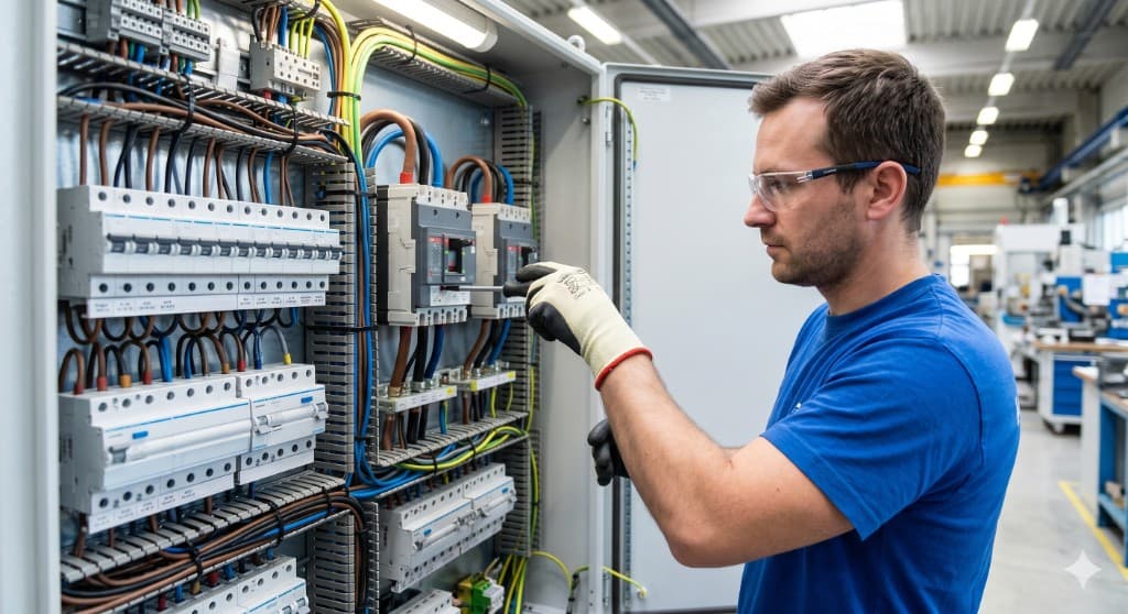 Certifikovaný elektrikár pri montáži rozvádzača